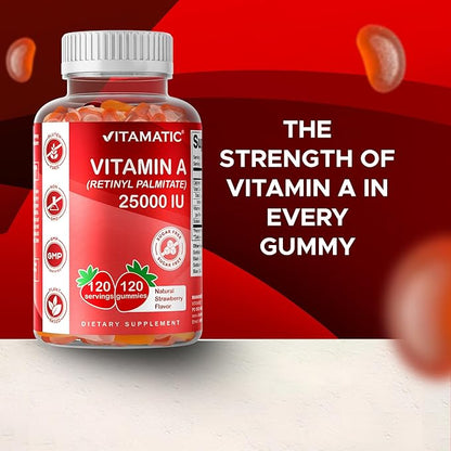 Vitamatic Sugar Free Vitamin A 25000 IU Gummies (Retinyl Palmitate) - Natural Strawberry Flavor - 120 Pectin Based Gummies (1 Bottle)
