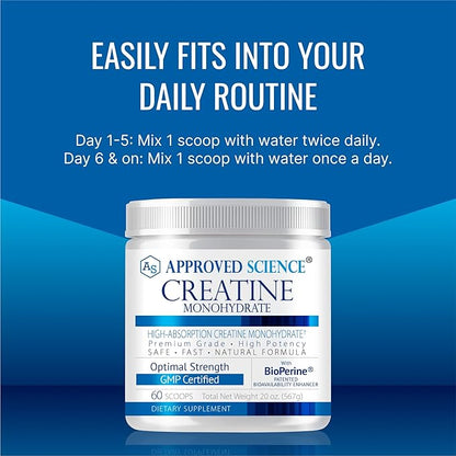 Approved Science Creatine Monohydrate Powder – with BioPerine – Supports Strength, Lean Muscle & Recovery – 5 g Per Serving – Unflavored Creatine Powder – Non-GMO, Vegan – 60 Servings