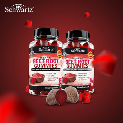 Sugar Free Beet Root Gummies - Nitric Oxide Gummies Infused with Coconut Oil for Highest Absorption - Supports Energy & Whole Body Health - Delicious Strawberry Flavor - 60 Count (30 Day Supply)