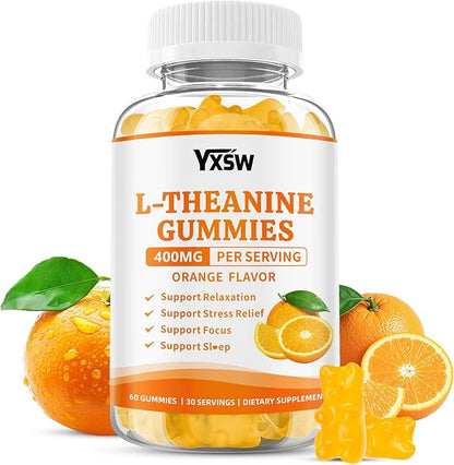 L-Theanine Gummies, Chewable L-Theanine Supplement for Adults & Kids 400mg with Ashwagandha, GABA, 5HTP for Relax, Zzz & Focus Support, Orange Flavor, 60 Counts