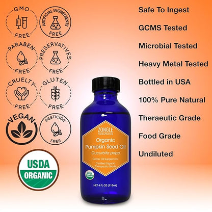 Zongle Therapeutics Organic, Pumpkin Seed Oil, Supplement, for Hair Growth – 100% Pure, Pumpkin Seed Oil, Cold Pressed, 4 OZ
