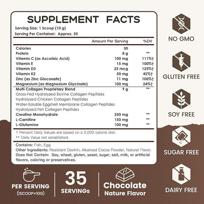 NATURE TARGET Chocolate Multi Collagen Peptides – Collagen Powder for Women with Vitamin C & Creatine, Supports Skin, Hair, Nails & Joint Health - Type I, II, III, V & X, Gluten Free, 35 Servings