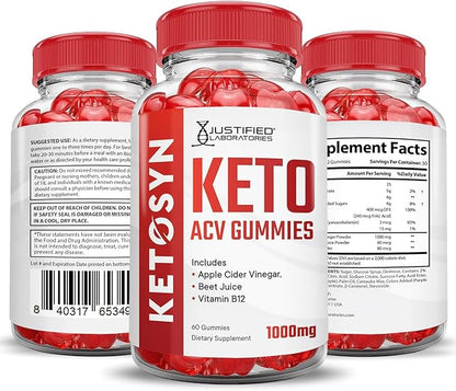 Justified Laboratories (2 Pack Ketosyn Keto ACV Gummies Advanced Formula 1000MG Ketosyn Keto Gummies Apple Cider Vinegar Formulated with Pomegranate Beet Juice Powder B12 Vegan Non GMO 120 Gummys