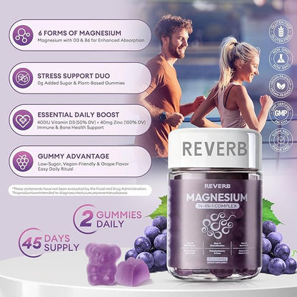 Magnesium Complex 14 in 1 Magnesium Gummies 90 Sugar-Free,Glycinate L-Threonate,Calcium,Coenzyme Q10,Vitamin B6,D3,Magnesium Supplement for Adults