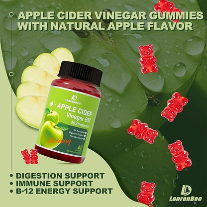 LanranBee Apple Cider Vinegar Gummies 1000mg with Vitamins B12 Multivitamin ACV Supplement Gummy – Supports Digestion, Energy, Weight Management & Gut Health – Vegan, Non-GMO, Gluten-Free – 60 Count