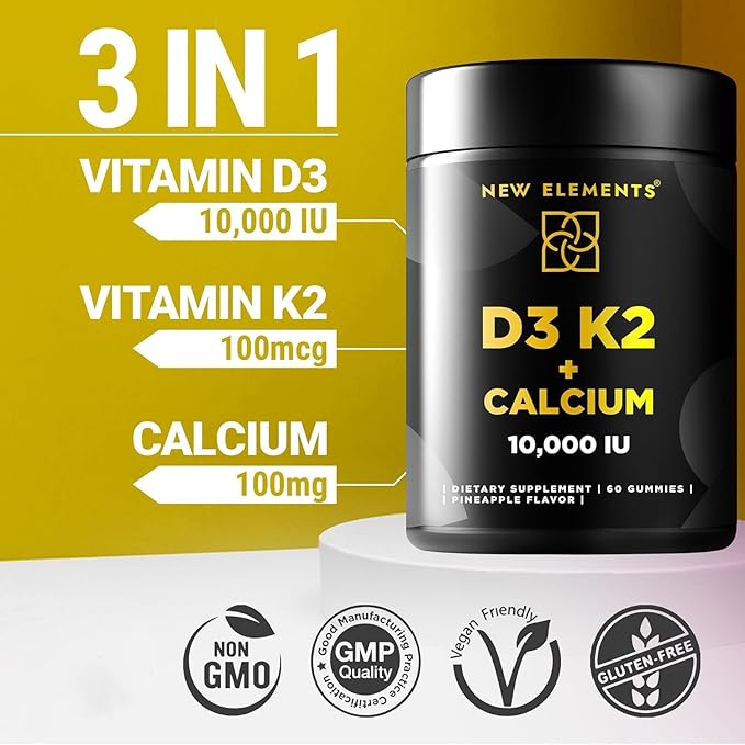 New Elements Vitamin D3 K2 Gummies 10000 IU with Calcium 100mg - VIT D3 for Adults - Mk7 Vitamin K2 100mcg - Vitamin D Supplement for Men & Women - Vegan Gluten Free Non-GMO