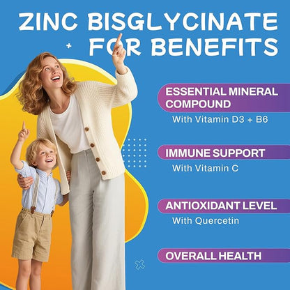 Zinc Glycinate 30 mg Gummies, Chewable Zinc Supplement for Women & Men, with Vitamin C, D3 & B6, Quercetin, Immune System Support, Skin Health & Antioxidant, Natural Fruit Flavor, 60 Ct