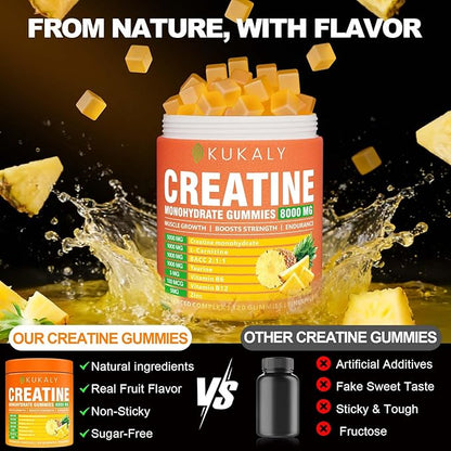 KUKALY Creatine Monohydrate Gummies for Men & Women, 8500MG Creatine Gummies Sugar Free Pineapple Flavored with L-Taurine BCAA 2:1, B12 B6 for Boost Strength, Focus & Endurance, Vegan, Non-GMO 120pcs