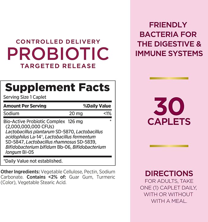 Nature's Bounty Probiotic, Controlled Delivery Dietary Supplement, Supports Digestive, Intestinal and Immune Health, 30 Caplets, 30 Total Servings (Pack of 2)