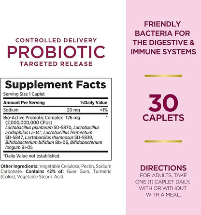 Nature's Bounty Probiotic, Controlled Delivery Dietary Supplement, Supports Digestive, Intestinal and Immune Health, 30 Caplets, 30 Total Servings (Pack of 2)