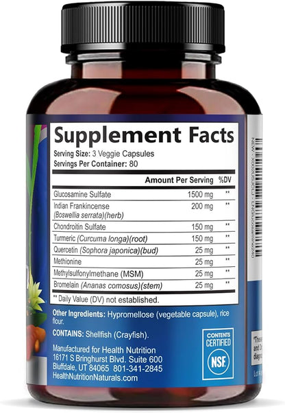 Glucosamine Chondroitin MSM Complex - 3X Strength Joint Support Supplement with Glucosamine Sulfate, Turmeric, Boswellia - For Cartilage, Mobility & Flexibility - Bottled in USA, 240 Capsules
