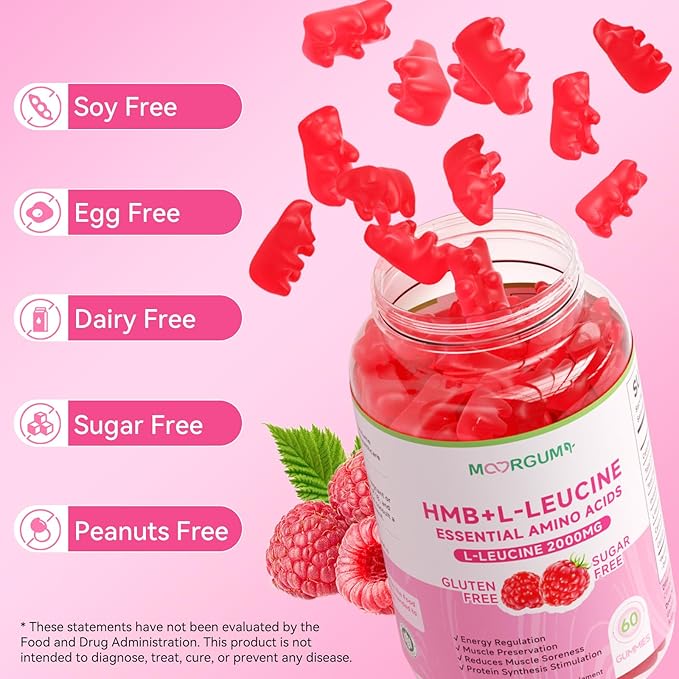 HMB & L-Leucine Gummies with Calcium, Amino Acid Supplement, L Leucine Supplements for Men & Women, Raspberry Flavor, 60 Count
