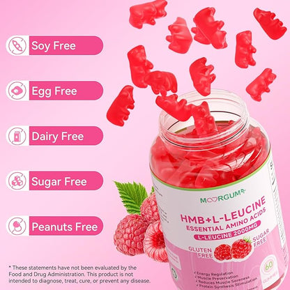 HMB & L-Leucine Gummies with Calcium, Amino Acid Supplement, L Leucine Supplements for Men & Women, Raspberry Flavor, 60 Count