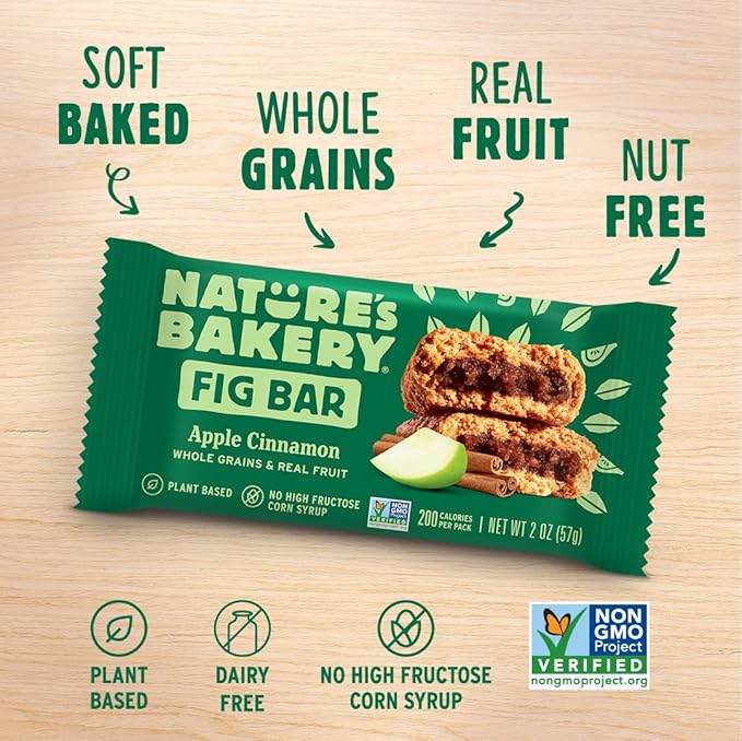 Nature's Bakery Whole Wheat Fig Bars, Apple Cinnamon, Real Fruit, Vegan, Non-GMO, Snack Bar, 1 Box With 12 Twin Packs (12 Twin Packs)