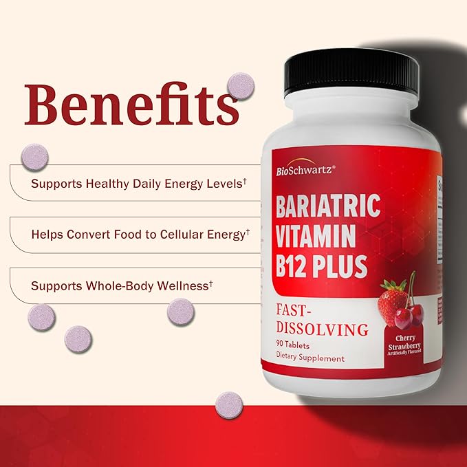 BioSchwartz Bariatric B12 Plus Dissolvable Tablets - 1000mcg Vitamin B12, Vitamin B6, Folate, Biotin - Cherry Strawberry Flavor, 3-Month Supply, Third Party Tested, for Bariatric Patients, 90 Count