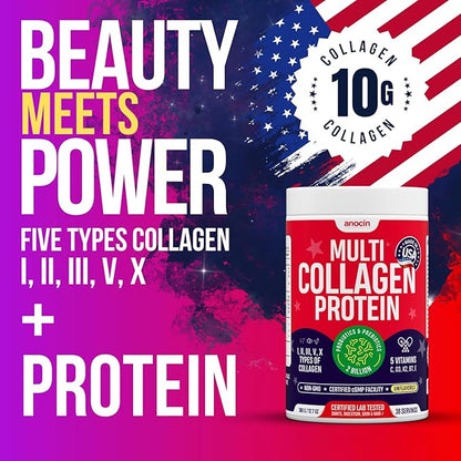 anocin Multi Collagen Peptides w/Prebiotic + Probiotics + Type I, II, III, V, X + Hydrolyzed Collagen Powder w/Vitamin C+D3+B7+K2+E Hyaluronic Acid, Supports Skin Hair Nail Joint, Grass-Fed, Non-GMO