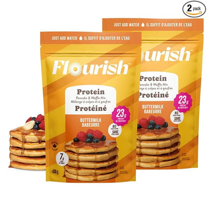 Flourish Protein Pancake & Waffle Mix, with Whey Protein & Flax Seed, No Added Sugar, High in Protein & Fiber - Just Add Water - Buttermilk Flavour, 16 oz (2 Pack)