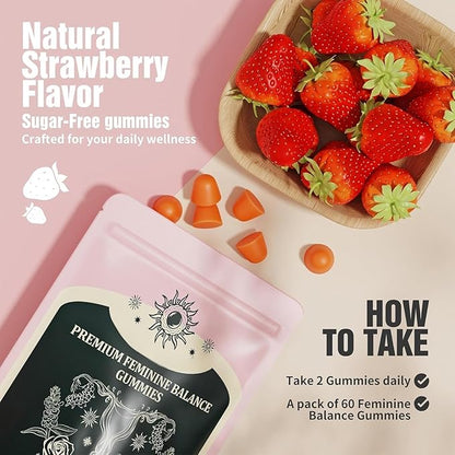 Feminine Balance Gummies, Premium Balance Supplement for Women PH Health, Immune Support, Energy Support, Vegan, Gluten-Free, Strawberry Flavor, Delicious 60 Gummies, 1 Pack 30 Servings