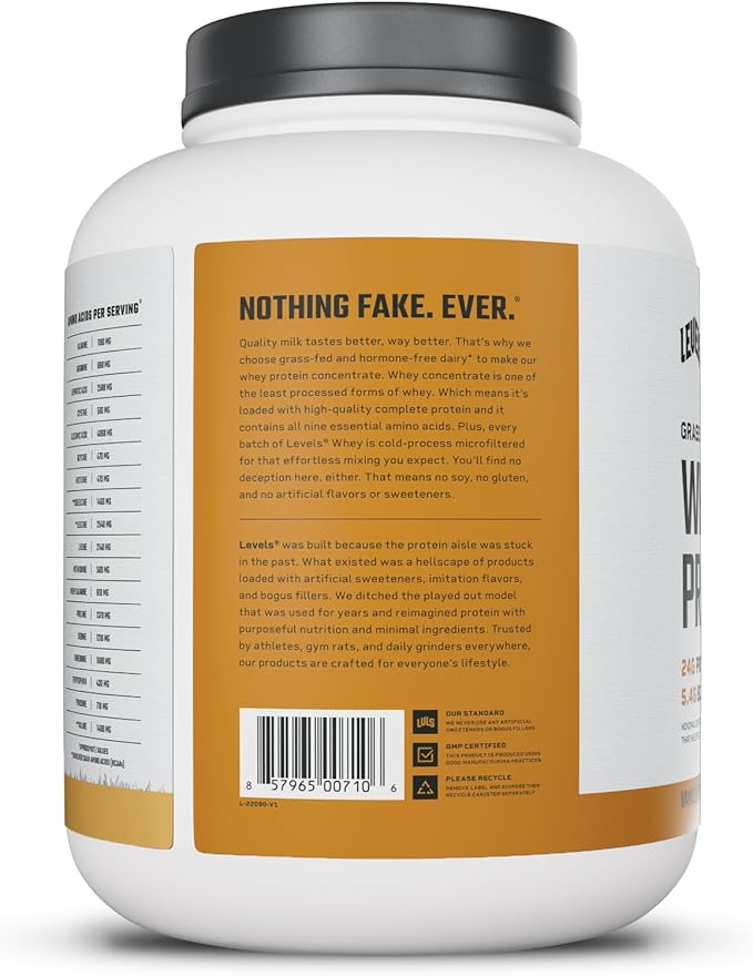 Levels Grass Fed Whey Protein Powder, No Artificials, 24G of Protein, Vanilla Cinnamon, 5LB