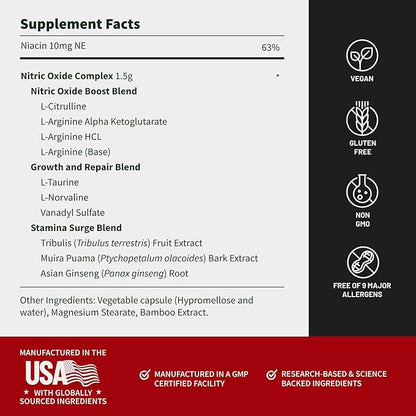Snap Supplements Nitric Oxide Booster Pre Workout, Muscle Builder - L Arginine, L Citrulline 1500mg Formula, Tribulus Extract & Panax Ginseng, Strength & Endurance (90 Capsules)