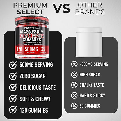 Magnesium Glycinate Gummies for Adults 500mg 120 Sugar Free Gummies Calm and Sleep Support with Ashwagandha Lemon Balm and CoQ10 Magnesium Supplement for Stress and Relaxation