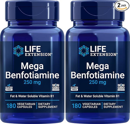 Life Extension Mega Benfotiamine 250 mg 180 Capsules (Pack of 2), Vegetarian Vitamin B Supplement with Thiamine