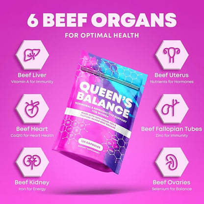 Beef Organ Supplement for Women - Formula of 6 Grass Fed Beef Organs - Liver, Heart, Kidney, Uterus, Ovaries - Supports Womens Hormone Balance, Energy, Health - Female Supplements, 120 Capsules