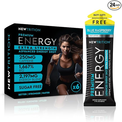 NewTrition® Extra Strength Energy Shots, 1.7 fl oz - 250mg Caffeine with Vitamin B & Amino Acids, Sugar-Free, Zero Calorie Vitamin Energy Drink for Focus & Endurance (Pack of 6, Blue Raspberry)