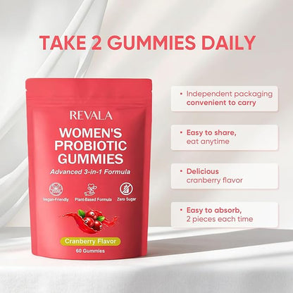 Revala 10-in-1 Viginal Probiotic Gummies for Women – Including Probiotic Strains, Prebiotic Fiber & Vitamins, Supports Digestive Balance, Feminine Microbiome & Hormonal Harmony 60 Gummies (2)