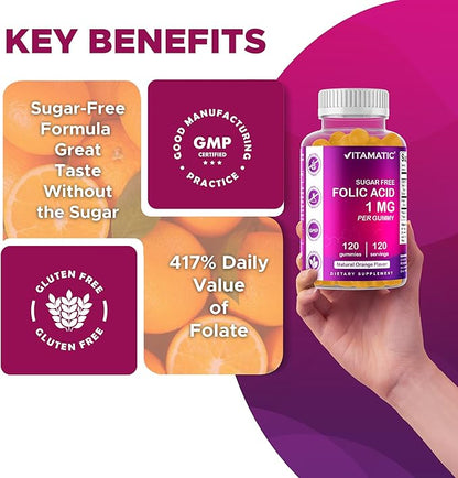 Vitamatic Folic Acid Gummies 1000 mcg (1 mg) - an Essential Prenatal Vitamins for Mom & Baby - Vitamin B9-120 Vegan Gummies (1)