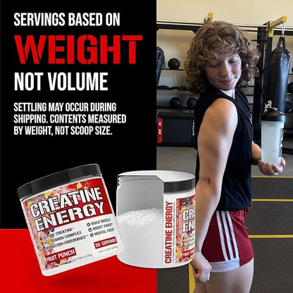 Evlution Nutrition Creatine Energy - Supports Muscle Growth, Boosts Energy, Endurance & Cognition - 5g Pure Creatine Monohydrate Per Serving - B + C Vitamin Complex - 30 Servings - Fruit Punch