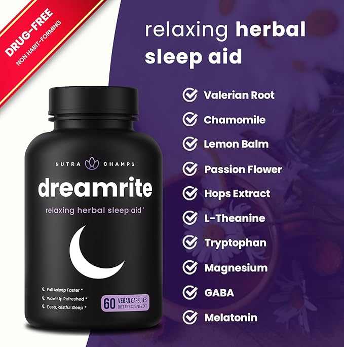 NutraChamps 10-in-1 Natural Sleep Aids for Adults - Melatonin, Lemon Balm 1000mg, Chamomile 400mg, Valerian Root 600mg, L Theanine, L Tryptophan, GABA, Magnesium Sleep Aid