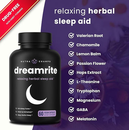 NutraChamps 10-in-1 Natural Sleep Aids for Adults - Melatonin, Lemon Balm 1000mg, Chamomile 400mg, Valerian Root 600mg, L Theanine, L Tryptophan, GABA, Magnesium Sleep Aid