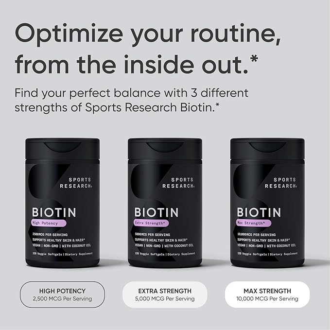 Sports Research® Biotin 5,000mcg with Organic Coconut Oil - Biotin (Vitamin B7) for Healthy Skin and Hair Support* - for Women and Men - Vegan, Non-GMO, Gluten & Soy-Free - 30 Veggie Softgels