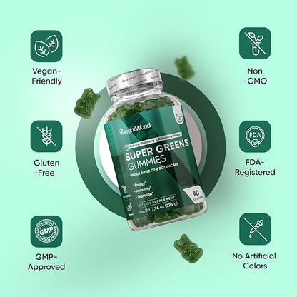 WeightWorld Super Greens Gummies - Energy, Immunity & Digestion - 45-Day Supply - Vegan Daily Greens Supplements (Moringa, Broccoli, Spinach) - Added Vitamins & Minerals - 90 Superfood Gummies