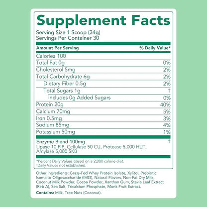Clean Simple Eats Whey Protein Powder, Mint Chocolate Cookie Flavor, Naturally Sweetened, 100% Grass Fed Protein Powder with Digestive Enzymes, No Artificial Ingredients, Gluten Free, 30 Srvgs