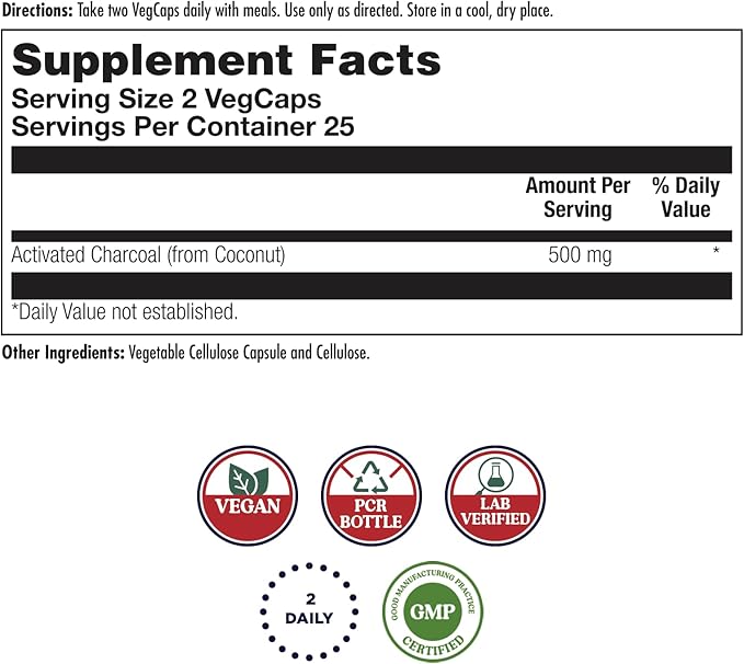 KAL Activated Charcoal Capsules, Cleansing Support, 500 mg Preferred Non-GMO Coconut-Shell Detox Formula, Vegan and Lab Verified, 25 Servings, 50 VegCaps