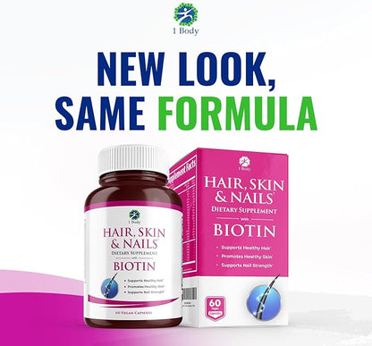 1 Body Hair Skin Nails Growth Vitamin with Biotin - Complete Formula for Men & Women - 2 Pack