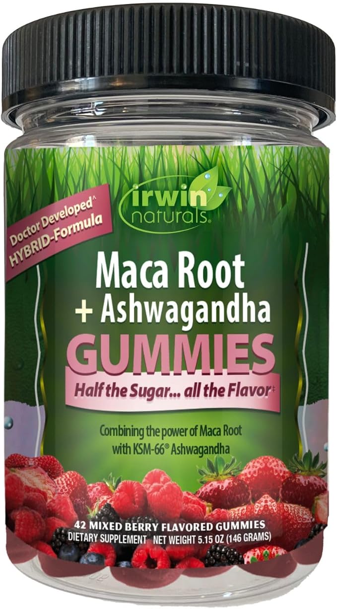 Irwin Naturals Gummies Maca Root + Ashwagandha, Adaptogenic Stress, Energy & Vitality Support, Vegan, 42 Gummies