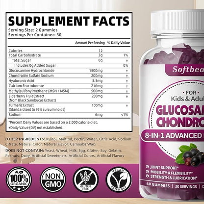 softbear Glucosamine Chondroitin Gummies, Sugar Free Glucosamine Chondroitin MSM Supplement with Elderberry Turmeric Supports Joint Health & Antioxidant, Elderberry Flavored 60 Count