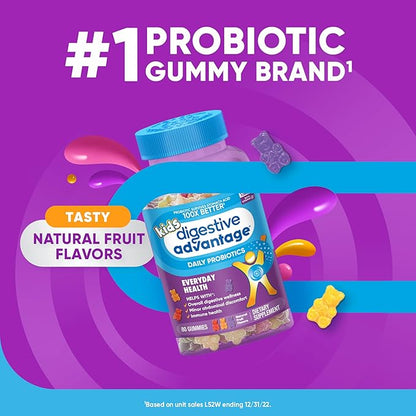 Digestive Advantage Daily Probiotic Gummy for Kids, Multi, Natural Fruit Flavours, 80.0 Count (Pack of 2)
