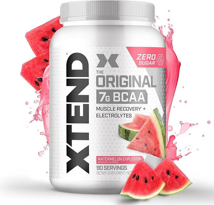 Xtend Original BCAA Powder, 7g BCAAs and 2.5g L-Glutamine for Muscle Recovery Hydration and Lean Muscle, Sugar Free Intra and Post Workout Drink with Electrolytes, Watermelon Explosion, 90 Servings