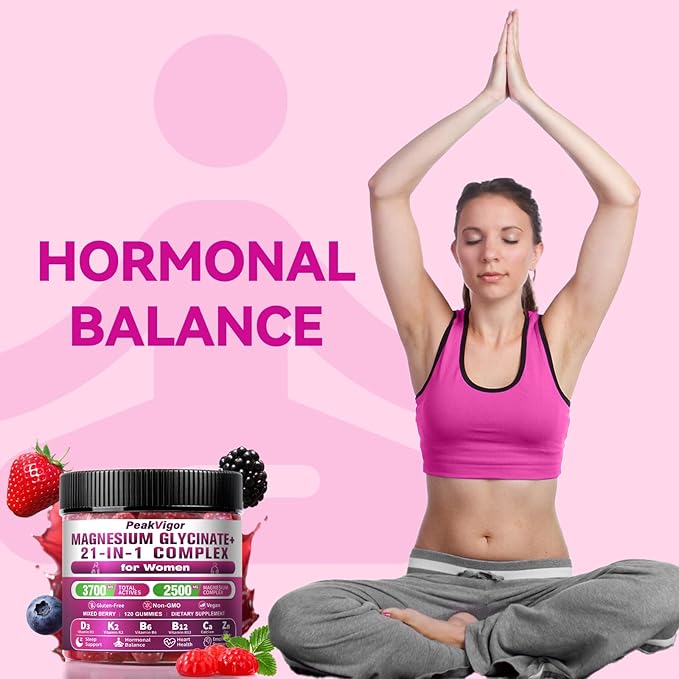 21 in 1 Magnesium Glycinate Gummy for Women with D3, K2, B6, B12, L-Theanine & Ashwagandha, 2500mg Magnesium Complex, Sleep Support, Vegan, Non-GMO,Third-Party Tested (60-Day Supply)