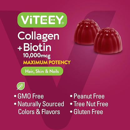 Viteey Collagen Gummies with Biotin Gummies for Hair Skin and Nails Vitamins - Biotin and Collagen Supplements for Women & Men - Gluten-Free – 120 Count
