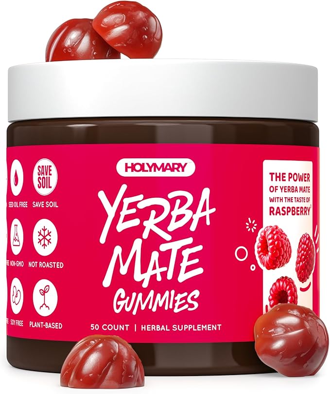 HOLYMARY Yerba Mate Gummies, Raspberry Flavor - Energy, Focus, Power Vegan, Non-GMO, Natural Ingredients, Gluten Free, 50 Delicious Supplement Gummies