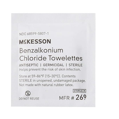 McKesson Benzalkonium Chloride Towelettes [Pack of 100] First Aid Antiseptic Wipes, Sterile Individual Wrapped
