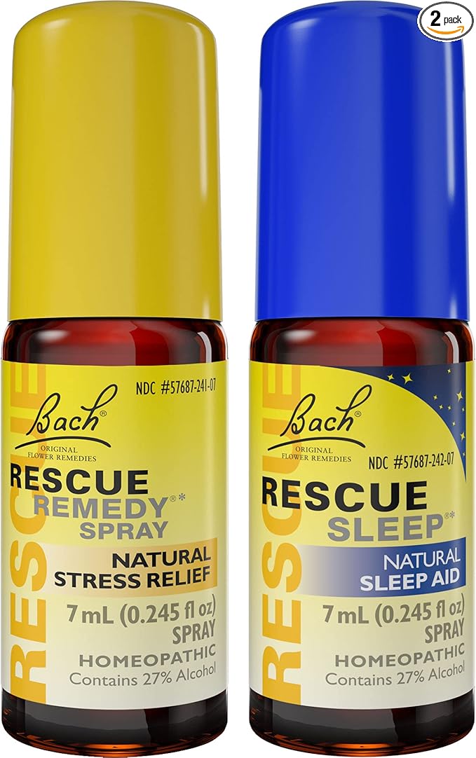 Day & Night Bundle, Bach RESCUE REMEDY Spray, Natural Stress Relief [and] RESCUE SLEEP Spray, Natural Sleep Aid - 2-Pk, Homeopathic Flower Essence, Vegan, 7mL Ea