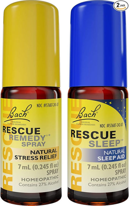 Day & Night Bundle, Bach RESCUE REMEDY Spray, Natural Stress Relief [and] RESCUE SLEEP Spray, Natural Sleep Aid - 2-Pk, Homeopathic Flower Essence, Vegan, 7mL Ea