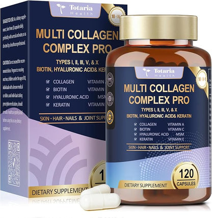 18-in-1 Collagen Pro with Hyaluronic Acid, Keratin, Biotin, VIT A C & E for Skin, Hair, Nails, Joint & Beauty - Multi Collagen Peptides Capsules with Type I II III V & X for Women & Men - 120 Caps