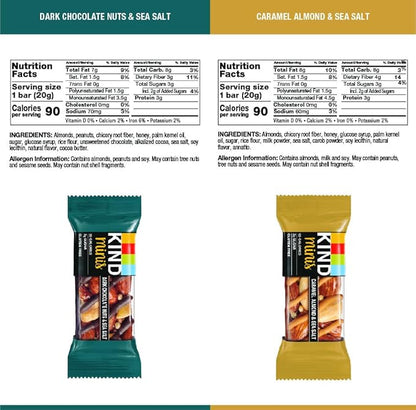 KIND Minis Snack Bars,Dark Chocolate Nuts & Sea Salt and Caramel Almond & Sea Salt,3g Sugar,Gluten Free Bars,Variety Pack,0.7 OZ,20 Count (Pack of 2)